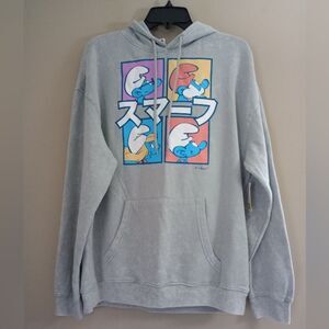NWT Smurfs Grey Distressed Wash Hooded Sweatshirt Size Medium